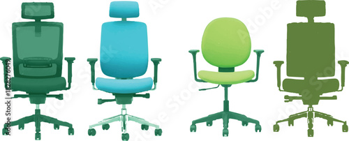 The image features a lineup of four distinct office chairs, each showcasing unique colors and designs against a clean white background, which enhances their visibility and allows for easy comparison.