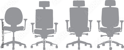  lineup of four gray office chairs, each showcasing a consistent color while differing in design elements, which allows for a comparative analysis of their styles and functionalities.