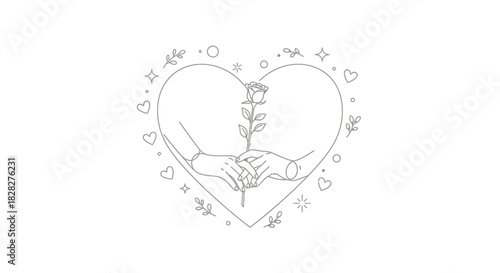 Delicate line art illustration of two hands gently holding a beautiful rose, symbolizing love, romance, and shared affection within a decorative heart frame