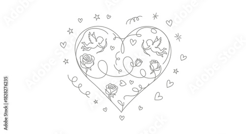 Heart illustration with doves and flowers. Elegant and romantic vector design for Valentine's Day, wedding, or love-themed projects