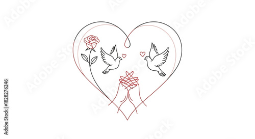 A delicate one-line art drawing of a heart enclosing two loving doves, a single rose, and gentle hands offering a gift, symbolizing pure romance and peace