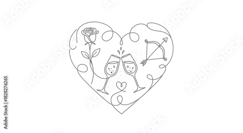 Romantic Valentine's Day illustration Heart-shaped design with champagne glasses, a rose, and a Cupid's bow and arrow for love and celebrations