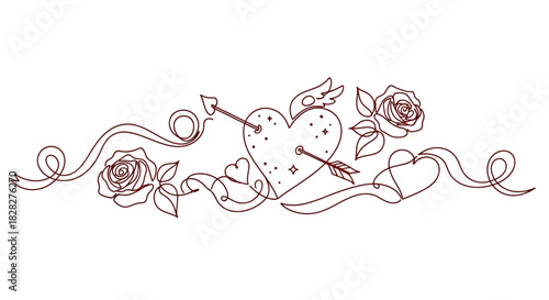 Romantic heart with roses and ribbons, an emblem of love and passion, symbolizing affection and heartfelt connections, perfect for celebrating romantic occasions and expressing deep emotions