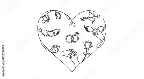 Symbolic heart filled with romantic and wedding icons like roses, rings, wings, and Cupid's arrow, representing love and commitment