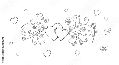 Delicate black and white line art of two intertwined hearts with floral swirls and roses. A romantic decorative element perfect for wedding or anniversary cards