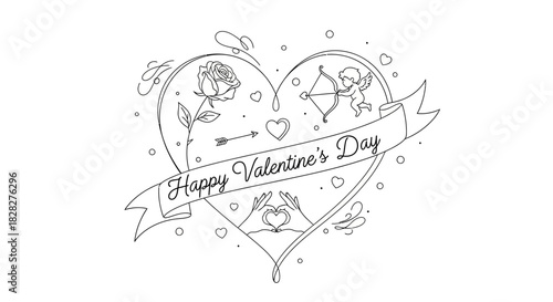 Valentine's Day Heart Design with Rose, Cupid, and Hand Heart Gesture for Cards and Coloring Pages