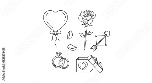 Romantic Valentine's Day icons featuring balloons, roses, rings, and gifts for love and celebration