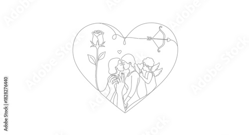 Line art illustration of a heart shape with a rose, cupid's arrow, and figures of people kissing, ideal for Valentine's Day