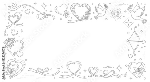 Hand-drawn romantic frame with hearts, ribbons, and doves. An elegant black and white line art border illustration perfect for Valentine's Day and wedding designs
