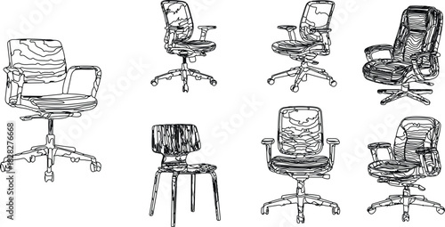 The image features a collection of eight line drawings of chairs, prominently showcasing a mix of ergonomic office-style chairs and a simpler, traditional chair Victor Illustrator Design