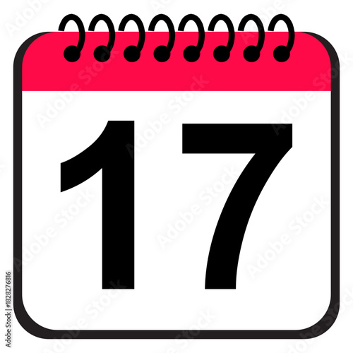 Calendar date icon featuring number 17 in a red and white spiral header design, reliable planning reminder icon useful for scheduling tasks and daily management