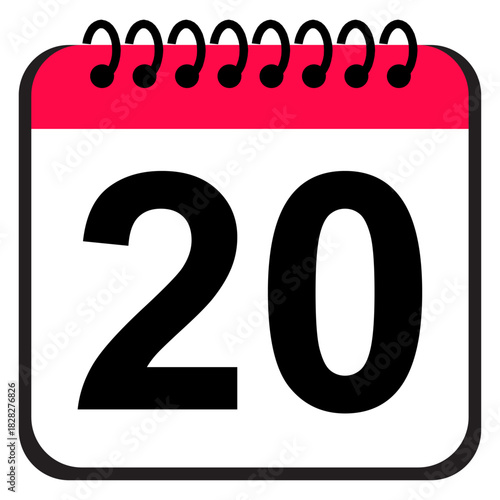 Calendar date icon displaying number 20 in clean red and white page styling, helpful planning reminder icon for scheduling events, organizing tasks and daily management
