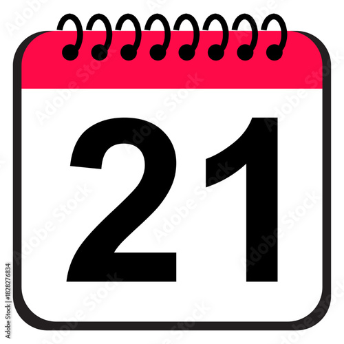 Calendar date icon featuring number 21 in red and white spiral header format, planning and scheduling reminder icon created for organizing tasks and time management