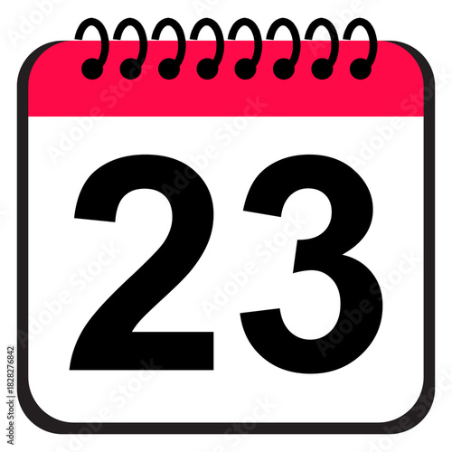 Calendar date 23 icon, daily schedule reminder symbol, minimal flat calendar interface graphic for time management and planning apps
