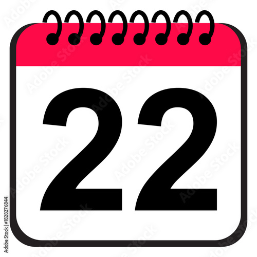 Calendar date 22 icon, clean flat style numeric reminder symbol for scheduling, time planning, event tracking and daily organization tasks