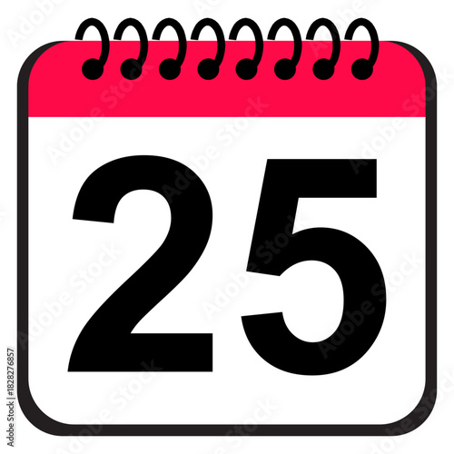 Calendar date 25 icon, simple flat planner reminder symbol, bold numeric daily schedule marker for digital calendar applications