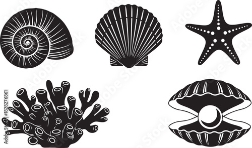 Set of marine life elements including seashells starfish coral and an oyster with a pearl.