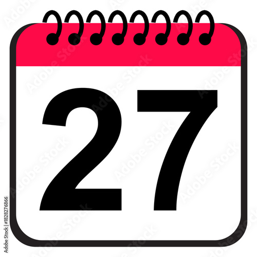 Calendar date 27 icon, modern flat style calendar reminder symbol with bold number for digital planners, organizers and scheduling tools