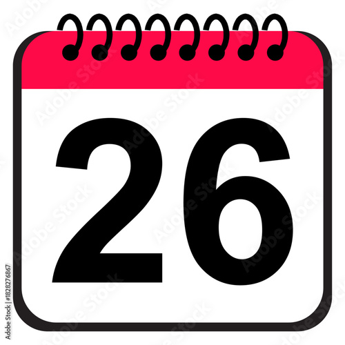 Calendar date 26 icon, flat style numeric reminder symbol for daily scheduling, event planning, time management and organization tools