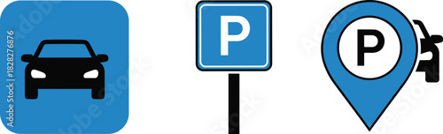Parking icon illustration set, car symbol, map pin, parking sign, blue theme, navigation concept, vector artwork, white background