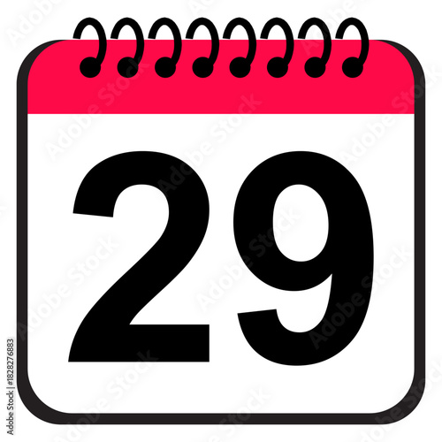Calendar date 29 icon, bold minimalist calendar reminder symbol for scheduling, planning, time management and monthly organization tools