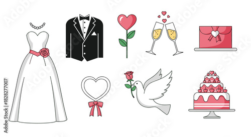 A delightful set of wedding celebration icons, featuring a bridal gown, groom's tuxedo, cake, champagne, and other romantic symbols.