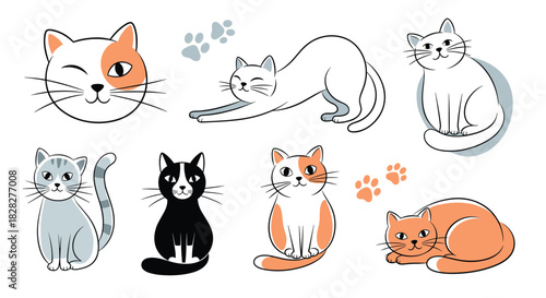 A delightful illustration set featuring various cartoon cats in different poses and colors, accompanied by charming paw prints.