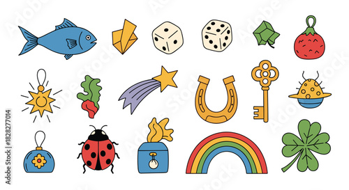 A vibrant collection of hand-drawn good luck charms and positive fortune symbols on a white background.
