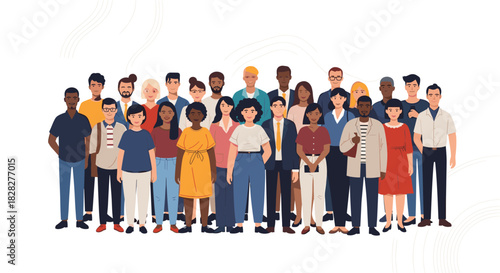 A diverse and inclusive group of smiling men and women from various backgrounds standing together, representing community and teamwork.