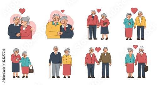 A collection of heartwarming illustrations depicting diverse elderly couples expressing love, companionship, and happiness in various tender moments.