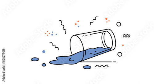 A minimalist line art illustration shows a clear glass spilled on a white surface, with blue liquid and playful abstract elements.