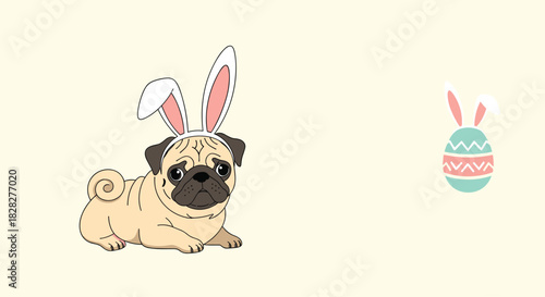 A cute pug dog wearing bunny ears lies on a light background next to a decorative Easter egg with bunny ears.