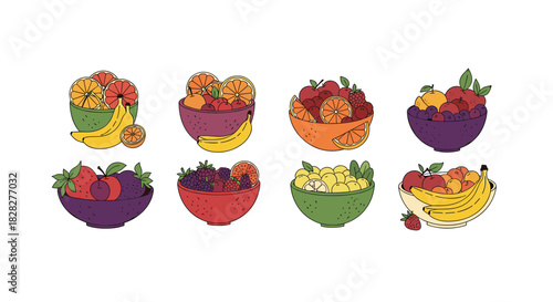 Assortment of vibrant fruit bowls filled with fresh, healthy fruits like oranges, bananas, apples, berries, and lemons, isolated on white.