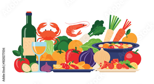 A vibrant collection of fresh culinary ingredients, featuring seafood, an assortment of colorful vegetables and fruits, with various prepared dishes.