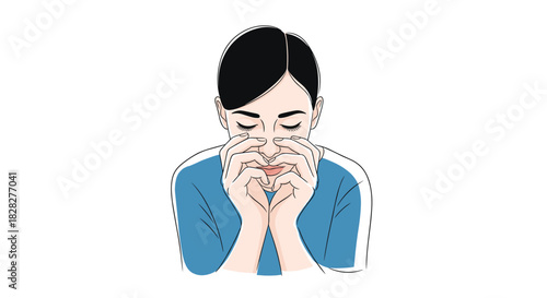 A woman with closed eyes and hands clasped near her face, possibly experiencing stress or a headache.