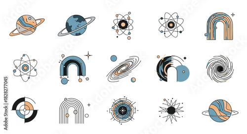 Modern abstract cosmic and scientific icons featuring planets, atoms, galaxies, and celestial phenomena in a minimalist style.