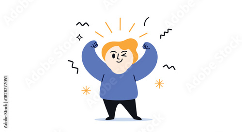 A cheerful cartoon character flexes their biceps, winking and radiating confidence and success.