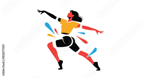 A vibrant graphic illustration of a woman in an energetic pose, with colorful splashes accentuating her dynamic movement and lively spirit.
