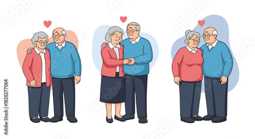 Three heartwarming illustrations depicting elderly couples in loving embrace, symbolizing enduring companionship and happiness in old age.
