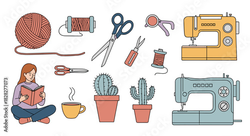 Illustrations of a woman reading with hot coffee, surrounded by sewing and crafting tools and potted cacti, depicting cozy hobbies and relaxation.