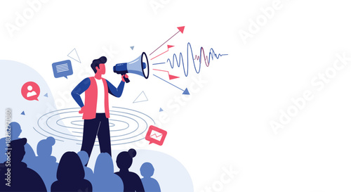 A leader uses a megaphone to spread a message to a crowd, symbolizing effective communication, marketing, and public relations.