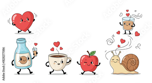 A cheerful collection of kawaii cartoon characters including a heart, a coffee cup, a snail, and an apple, all exuding happiness and love.