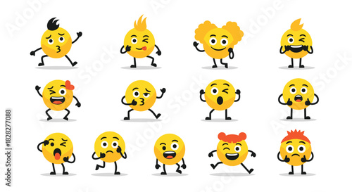 A collection of diverse yellow emoji characters with arms and legs displaying a wide range of emotions and playful expressions on a white background.