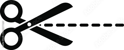 Scissors cutting dashed line icon, coupon symbol, trim guide, black silhouette, vector artwork, white background