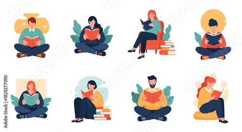 A collection of diverse people enjoying reading books in different relaxed postures and settings, highlighting the joy of learning and literacy.