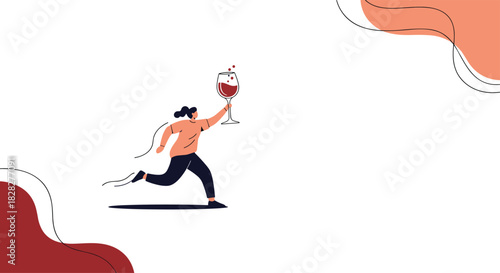 Energetic person runs playfully with a large glass of splashing red wine, celebrating life with dynamic movement and abstract elements.