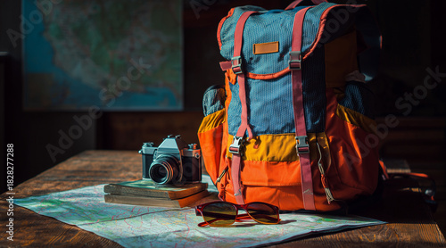 Vibrant Hiker's Backpack, Vintage Camera, Map, and Sunglasses Resting on a Wooden Table, Ready for Adventure Travel