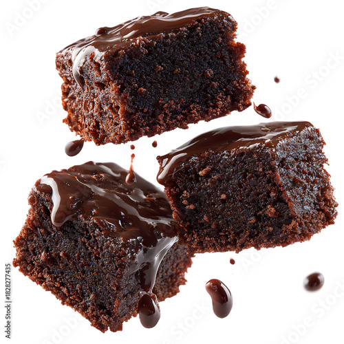 Stack of chocolate brownies with melting fudge sauce dripping down. Homemade cocoa cake dessert isolated on background. Sweet gourmet pastry.