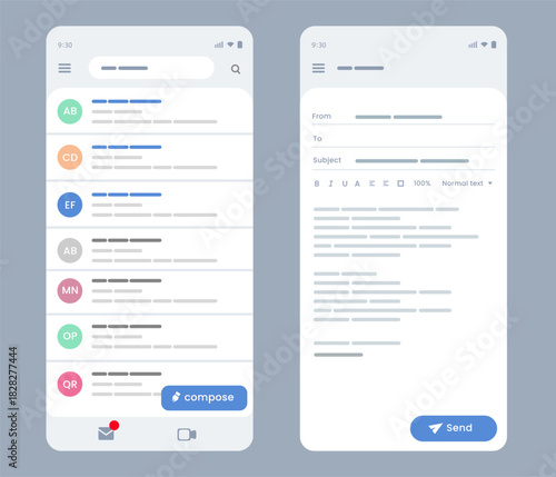 email inbox list mobile application screens message previews and compose mail interface electronic mail design layout