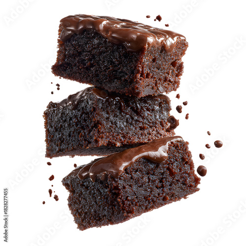 Stack of chocolate brownies with melting fudge sauce dripping down. Homemade cocoa cake dessert isolated on background. Sweet gourmet pastry.